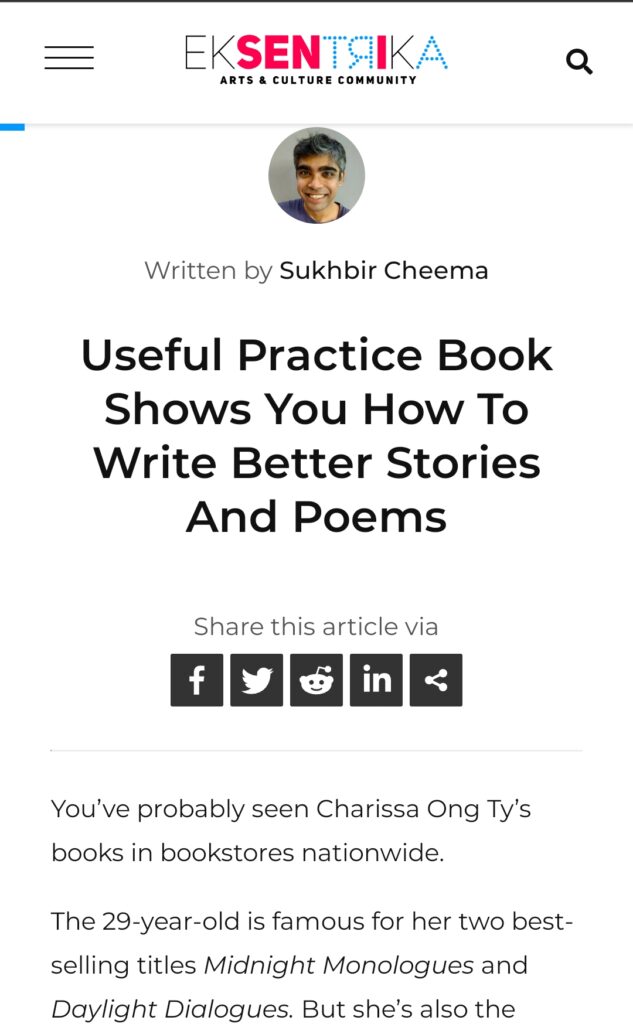 The picture shows a snapshot of the article with its title, "Useful Practice Book Shows You How To Write Better Stories And Poems."