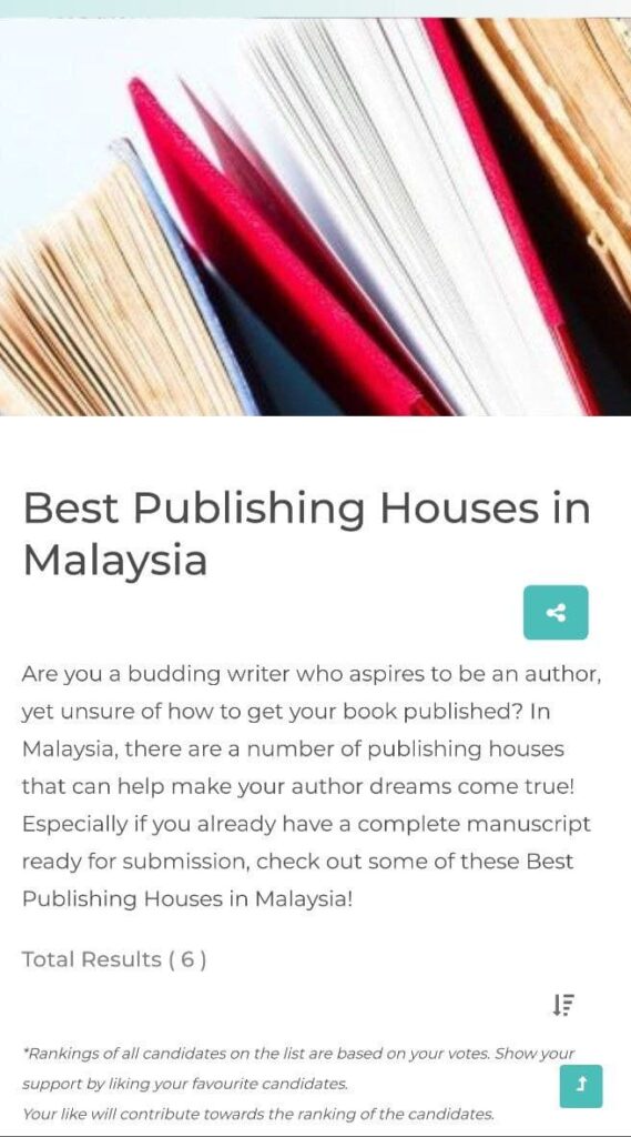 The picture shows a snapshot of the article with its title, "Carilocal: Best Publishing Houses in Malaysia".