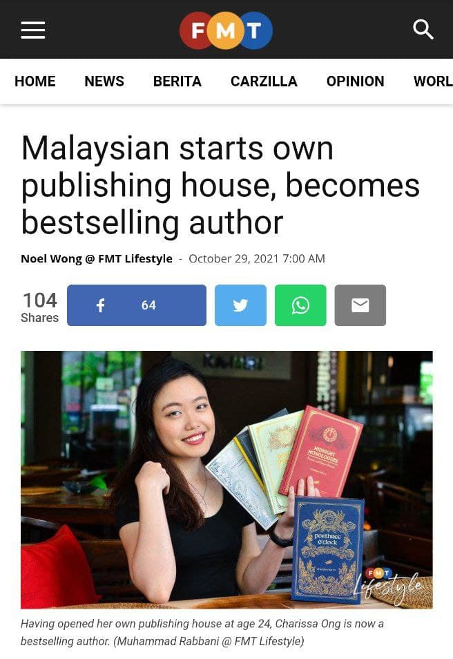 The snapshot shows a snapshot from the article with its title, "Malaysian starts own publishing house, becomes bestselling author".